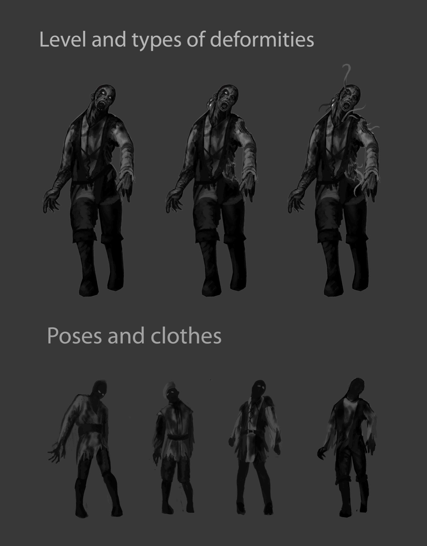 Concept art exploring undead deformities, poses and clothes