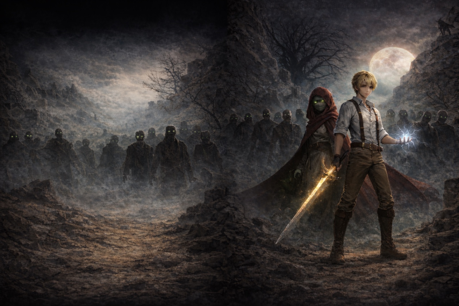 Caleb Windrake and the Cursed Sage facing a horde of the restless dead beneath a red moon