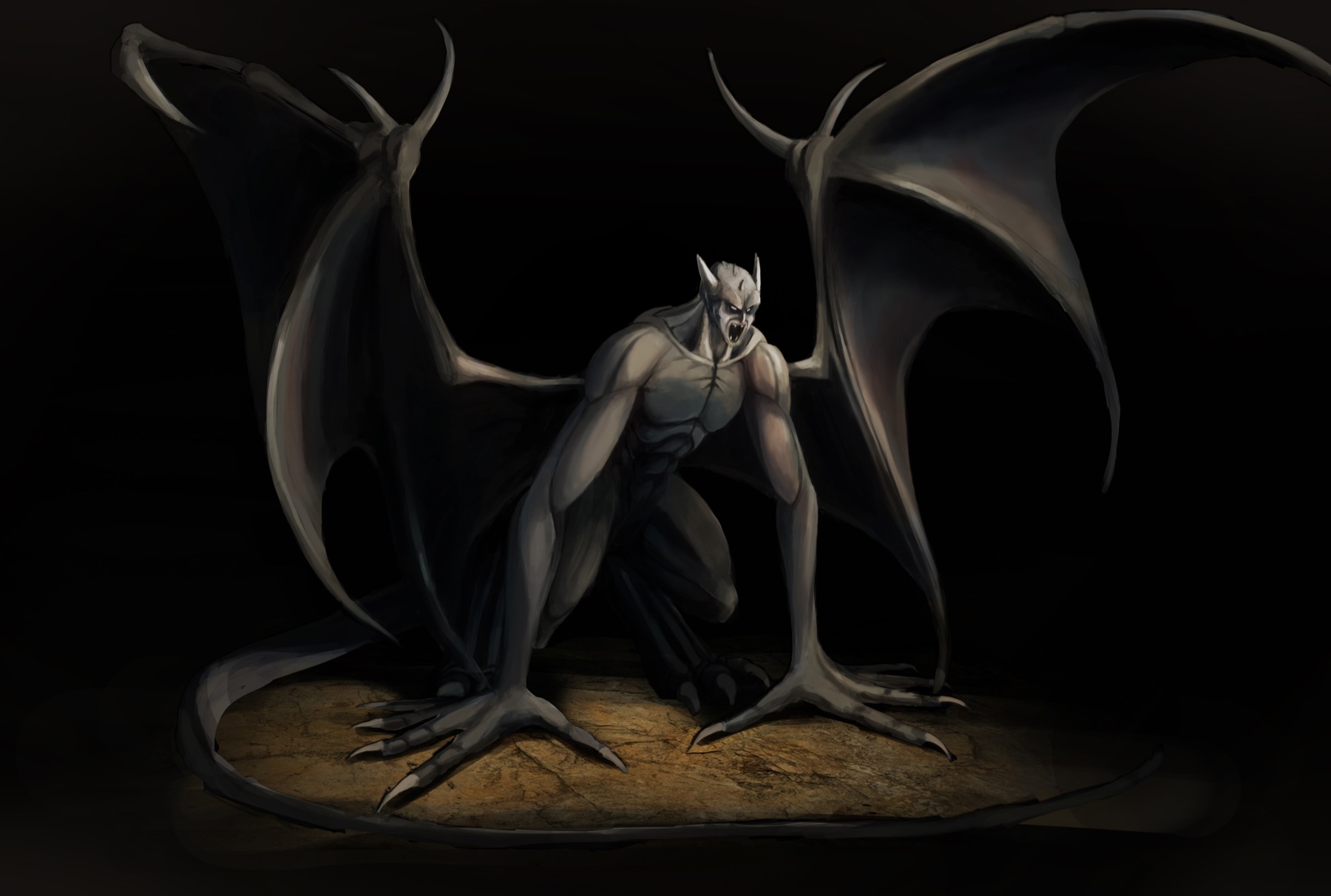 A winged gargoyle crouched in darkness