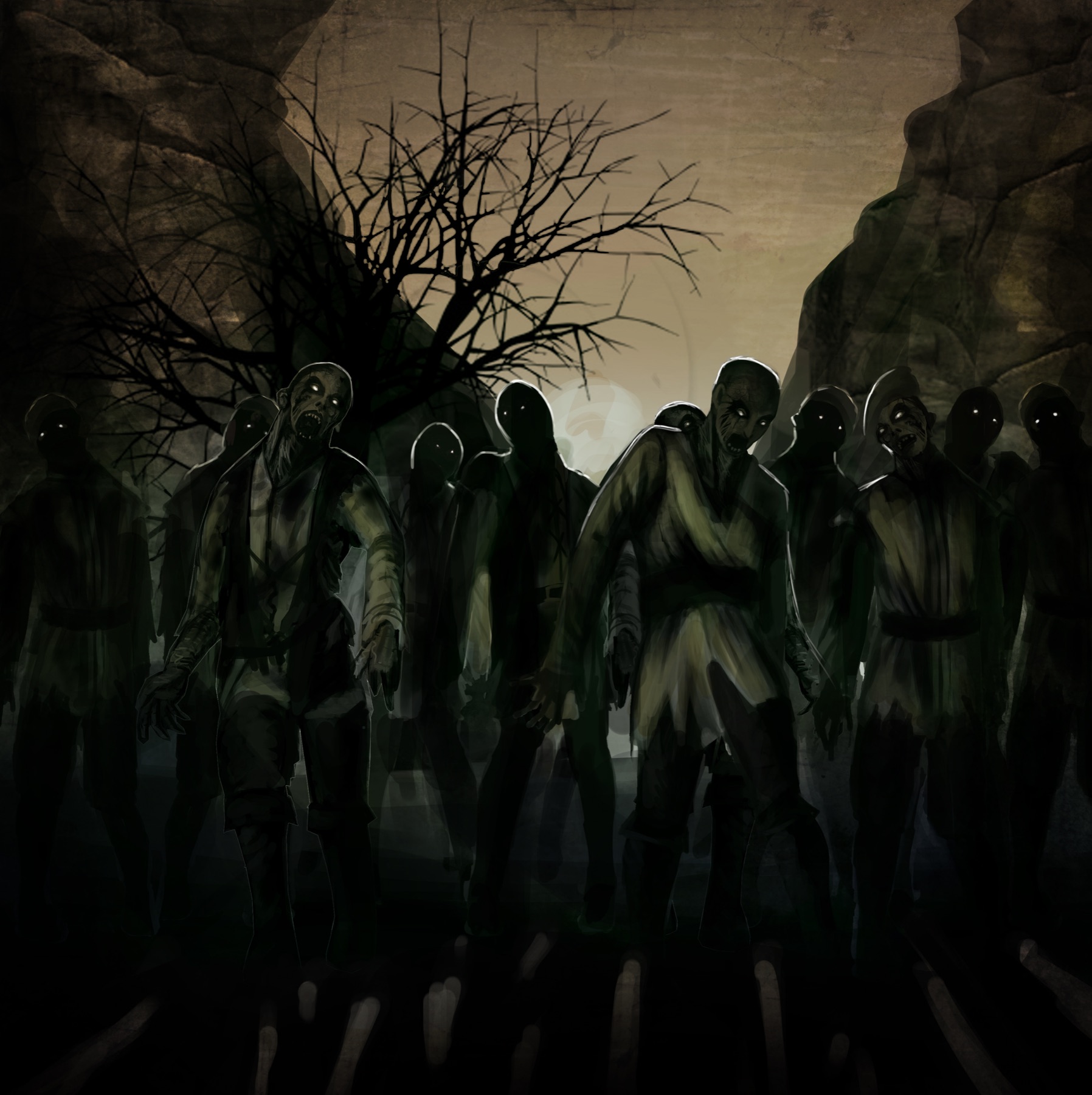 A horde of the restless dead advancing through moonlit ruins