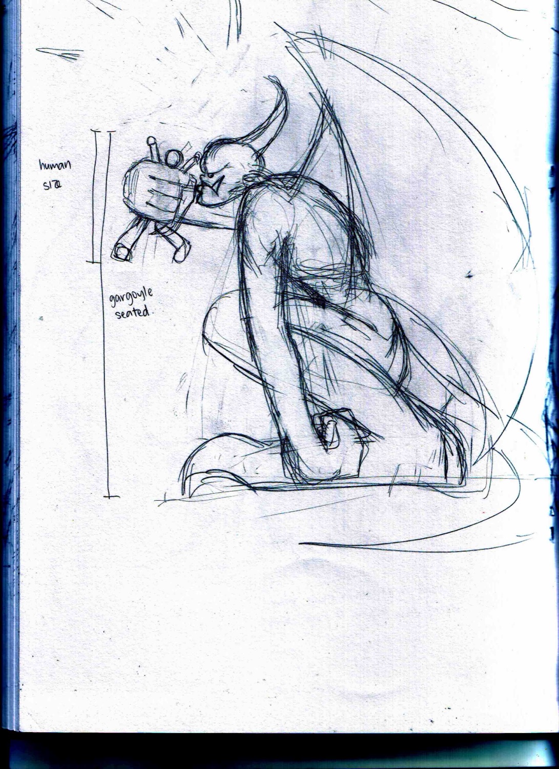 Pencil sketch of the seated gargoyle with a human scale reference